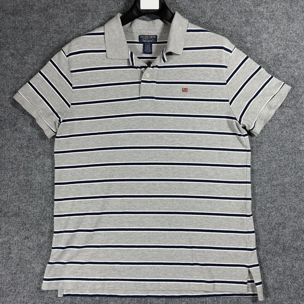 Polo Jeans Company Shirt Mens XL Gray US Flag‎ Blue White Short Sleeve Striped